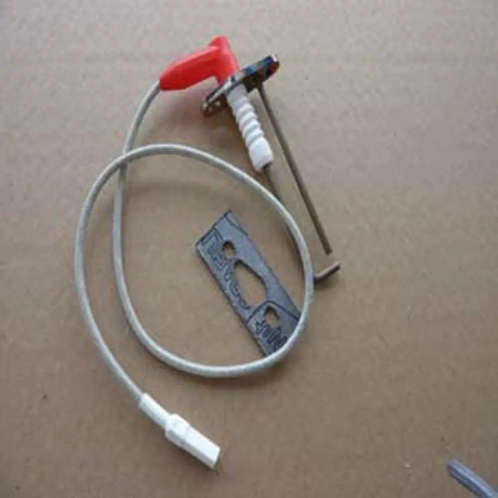 Remeha Zünd-Ionisationselektrode, bestehend aus einem Metallstab mit rotem Griff, einem Anschlusskabel und einer Metallplatte auf einem plainen Hintergrund.